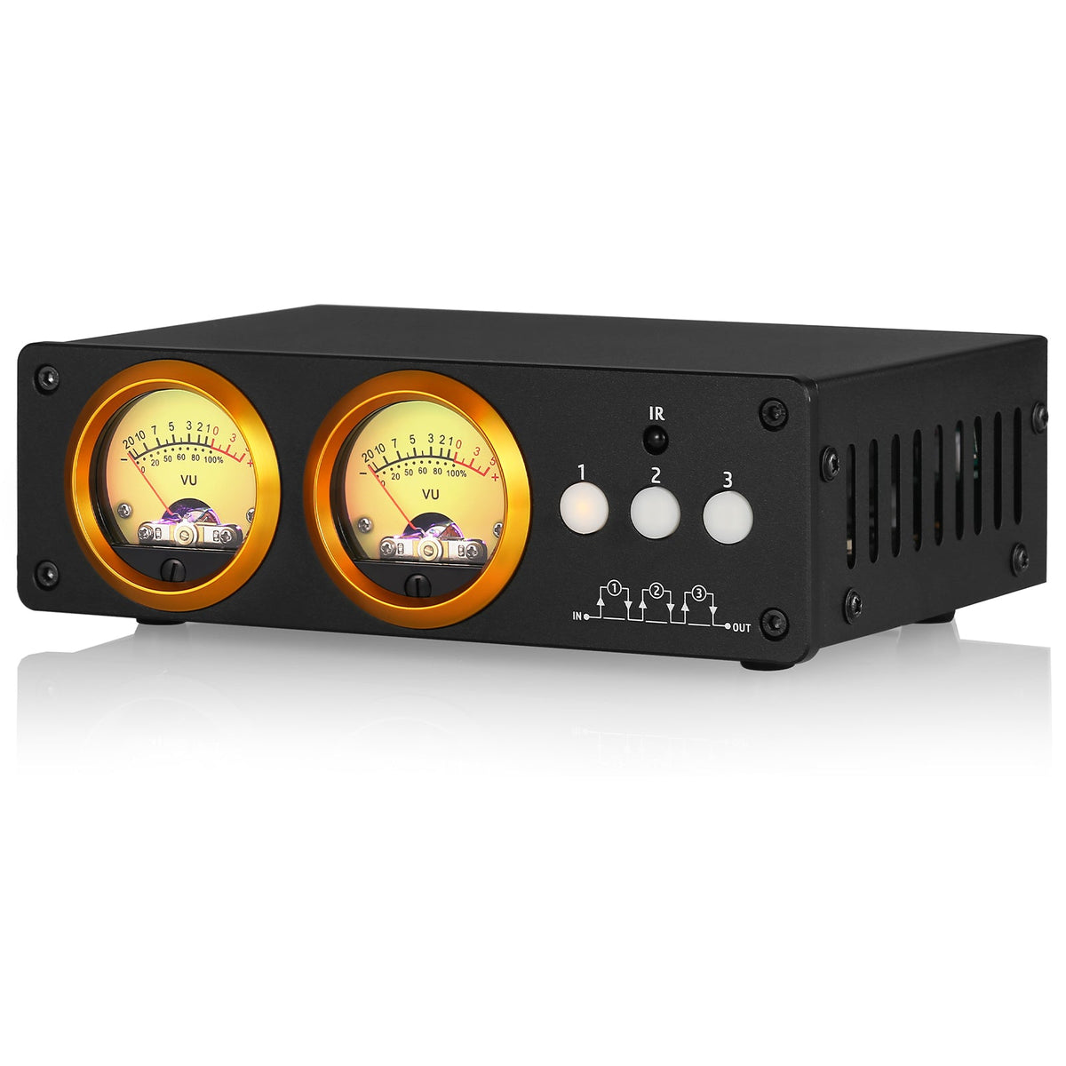 Douk Audio L3 – Switcher de Audio RCA 3 Canales (1×3 / 3×1) con VU Meter y Bypass